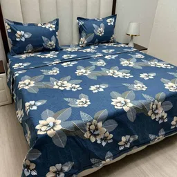 Pure Decor Blue & Beige Floral Polycotton 4 Piece Double King Superfine Bedding Set-image-19