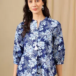 KALINI Floral Print Mandarin Collar Cotton Top-picture-20