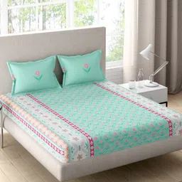 Portico Sparkle Sea Green Floral Cotton 144 TC Double Queen Bedsheet Set-2.24 m x 2.54 m-image-66