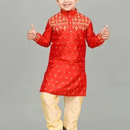 NFC CREATION Boys Ethnic Motifs Embroidered Regular Thread Work Dupion Silk Kurta with Pyjamas-12