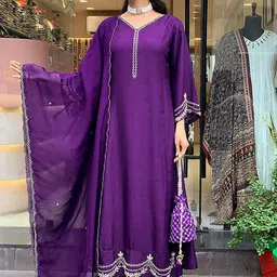 FASHION DREAM Geometric Embroidered Thread Work V-Neck A-Line Kurta With Trouser & Dupatta-picture-0
