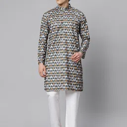 GLOBALRANG Chevron Printed Band Collar Straight Pure Cotton Kurta With Pyjamas-picture-36