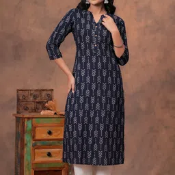 HERE&NOW Women Black Ethnic Motifs Printed Mandarin Collar Casual Cotton Straight Kurta-picture-24