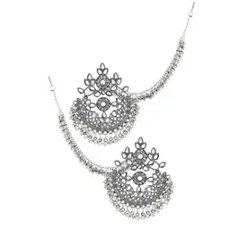 PRIVIU Silver-Plated Kundan Studded Oxidised Floral Shaped Chandbalis With Ear Chains image 5