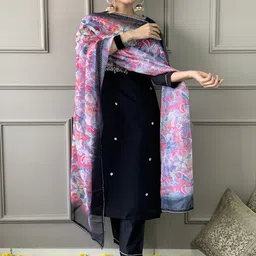 Moda Rapido Floral Embroidered Sequinned Kurta With Trousers & Dupatta image 5