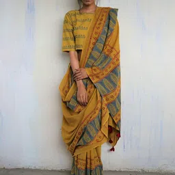 Craft Musium Ethnic Motifs Printed Pure Cotton Saree With Blouse-picture-27