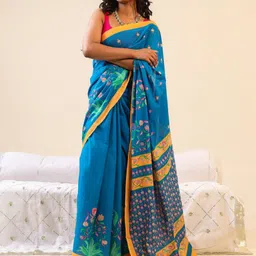 BUTA BUTI Aasmani Floral Printed Pure Cotton Saree-image-3