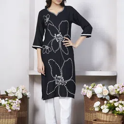 GRIOPY Floral Embroidered Notch Neck Thread Work Straight Kurta-image-9