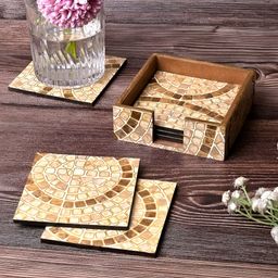 Storepedia 6 Pieces Brown & White Mosaic Printed Square Wooden Coasters With Stand-image-12
