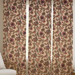 ANA Beige & Red 3 Pieces Floral Room Darkening Cotton Long Door Curtains-7