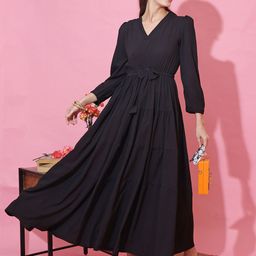 De La Moda Women V Neck Crepe Tiered Fit & Flare Maxi Dress-image-74