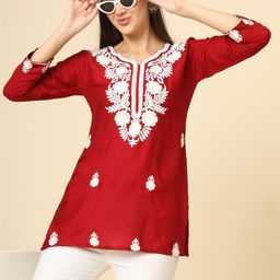 HERE&NOW Floral Embroidered V-Neck Thread Work Thread Work Kurti-image-66