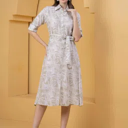 OH MI DIOS Women Leaf Printed Roll-Up Sleeves Shirt Midi Dress-picture-13