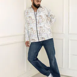 SURHI Geometric Printed Spread Collar Relaxed Fit Zipper Shirt-image-64