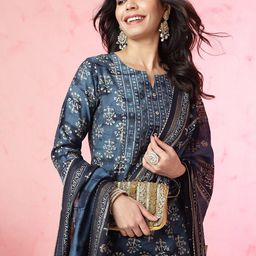Anouk Ethnic Motifs Printed Chanderi Silk Kurta with Trousers & With Dupatta image 1