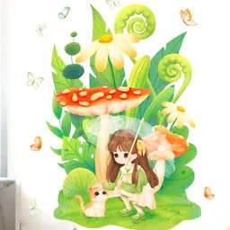 INDIAN ROYALS Green & Red Beautiful Girl & Cat With Umbrella Self Adhesive Wall Sticker-10
