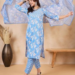 Anouk Floral Print Regular Gotta Patti Pure Cotton Straight Kurta With Trousers & Dupatta-picture-6