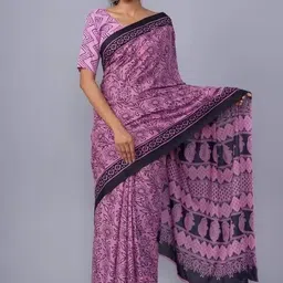 TROPWEAR Ethnic Motifs Linen Blend Block Print Saree-picture-13