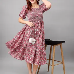Jash Creation Women Floral Printed Square Neck Puff Sleeves Smocked Fit & Flare Midi Dress-picture-44