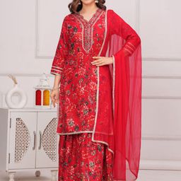 TOULIN Women Floral Embroidered Regular Kurta with Sharara & With Dupatta-picture-18