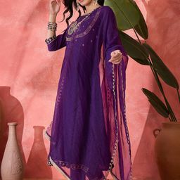 Sangria Zari Sequence Embroidered Anarkali Kurta With Trousers & Dupatta image 4