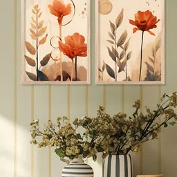 Kotart Brown & Orange Colored 2 Pieces Floral Printed Wooden Wall Arts-picture-28