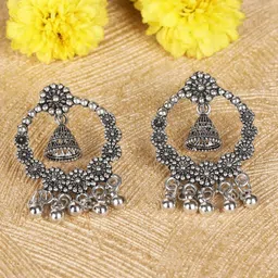 Fashion Frill Silver-Plated Artificial Stones Studded Floral Drop Earrings-image-89