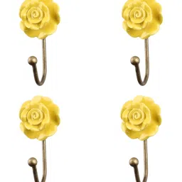 IndianShelf Yellow 4 Pieces Floral Textured Ceramic Wall Hooks-13