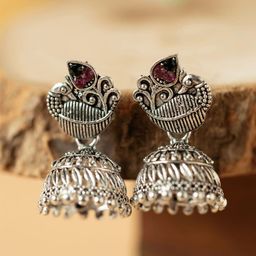 Rukhmani Silver Plated American Diamond Studded Dome Shaped Jhumkas-image-93