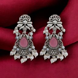TISHUL JEWELS Silver-Plated Artificial Stones Studded & Beaded Oxidised Drop Earrings-11