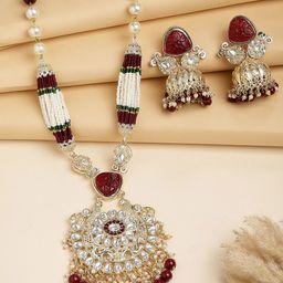 KARATCART Gold-Plated Red Carved Stone & Kundan Studded & Beaded Jewellery Set-22