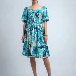 The Roadster Lifestyle Co Women Printed Square Neck Puff Sleeves A-Line Dress-image-92