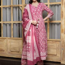 Sangria Mauve Floral Printed Keyhole Neck Pure Cotton Kurta With Trouser & Dupatta-picture-20