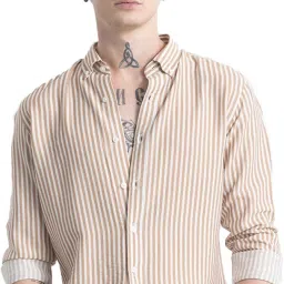 Men Slim Fit Striped Mandarin Collar Casual Shirt-image-5