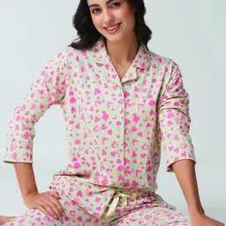 I like me Green & Pink Conversational Printed Lapel Collar Pure Cotton Shirt & Pyjama-image-50