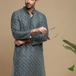 Anouk Grey Bandhani Printed Sequinned Mandarin Collar Cotton Straight Kurta-picture-1
