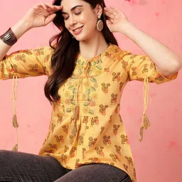 Anouk Floral Printed Tie-Up Neck Thread Work Thread Work A-Line Kurti-11
