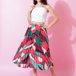 Women Printed Pleated Red Skirt-image-6