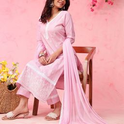 Anouk Pink Paisley Embroidered V-Neck Pure Cotton Straight Kurta with Trousers & Dupatta-58