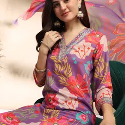 MOKOSH Floral Printed Sequinned Straight Kurta With Trouser And Dupatta image 4