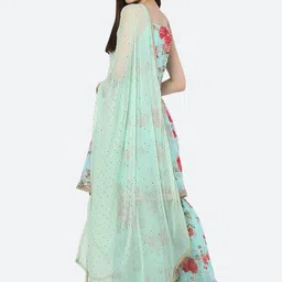 Ashnaina Women Turquoise Blue Floral Printed Regular Empire Kurta with Sharara & Dupatta-picture-1