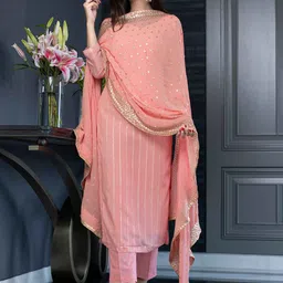 Label Shaurya Sanadhya Striped Chanderi Silk Sequined Kurta with Trousers & With Dupatta image 5