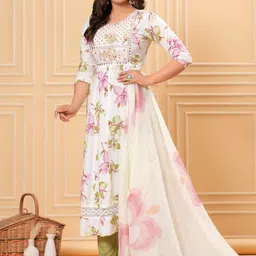 UNISETS Floral Printed Regular Thread Work Anarkali Kurta with Trousers & Dupatta image 5