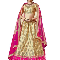 MANVAA Beige & Pink Embroidered Thread Work Semi-Stitched Lehenga & Unstitched Blouse With Dupatta-35