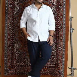 Instafab Plus Vertical Striped Textured Comfort Spread Collar Cotton Shirt-image-59