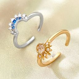 KARISHMA KREATIONS Set Of 2 Gold & Silver Plated Cubic Zirconia Studded Sun & Moon Rings-3