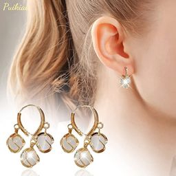 PolluxCraft Korean Gold-Plated Opal Stone Beaded Contemporary Hoop Earrings-image-94