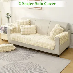 HOKIPO Beige Self Design 2 Seater Sofa Mat Cover With Arms-5