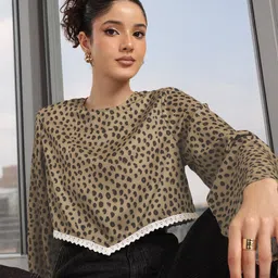 glitchez Dipped Hem Animal Print Crochet Detail Crop Top-image-15