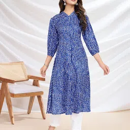 Inddus Striped Puff Sleeves V-Neck Pocket Cotton A-Line Kurta-picture-15